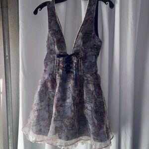 Liz Lisa Floral Script Lace-Up Mini Dress Coquette Fairycore Y2K Blue Size 0